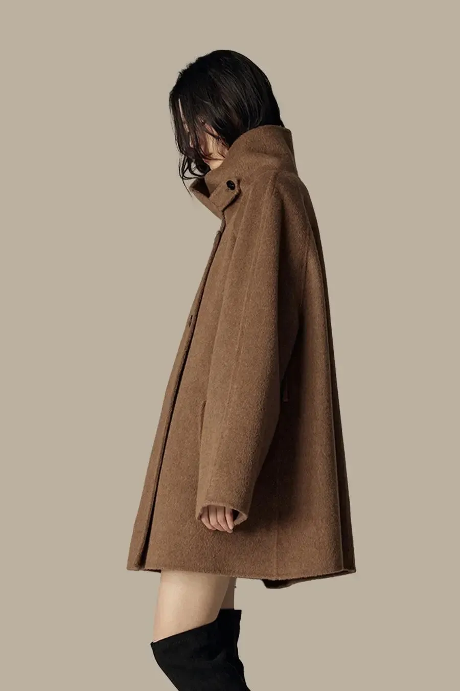 Oversized Wool Alpaca Stand Collar Cape Coat with Belt