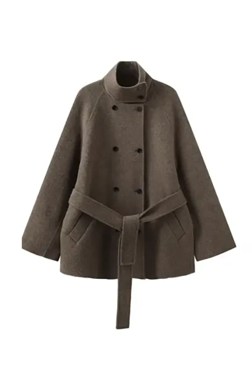 Oversized Wool Alpaca Stand Collar Cape Coat with Belt
