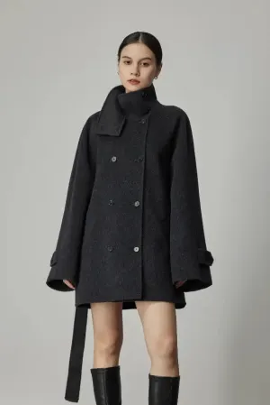 Oversized Wool Alpaca Stand Collar Cape Coat with Belt