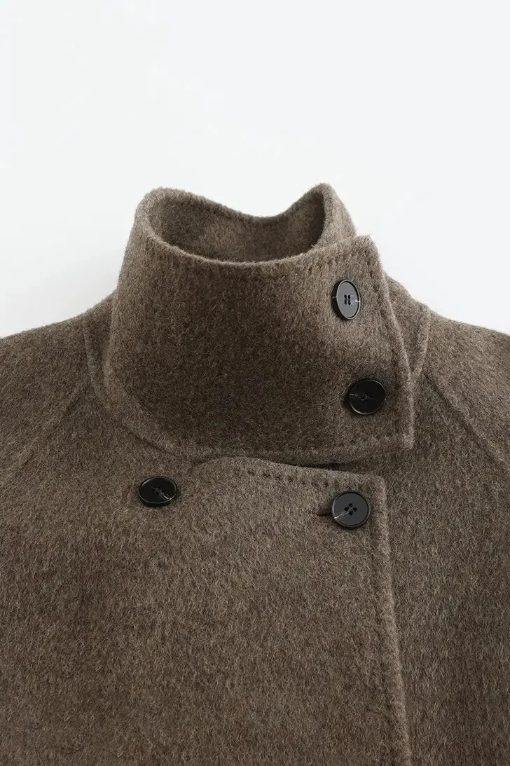 Oversized Wool Alpaca Stand Collar Cape Coat with Belt