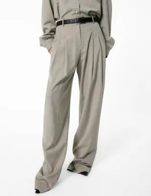 PLEATED WIDE LEG TROUSERS ASH BEIGE