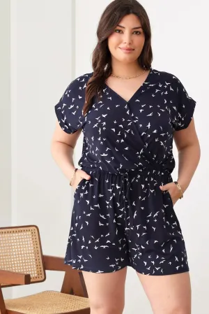 Plus Size Birds Print Short Sleeve Adjustable Belt Warp Romper