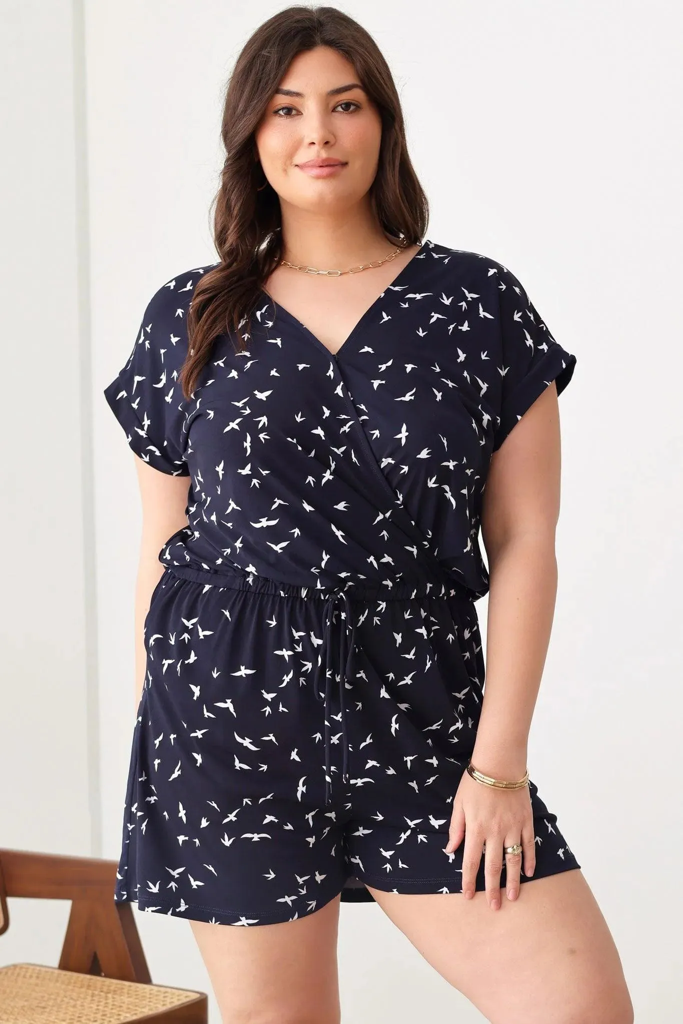 Plus Size Birds Print Short Sleeve Adjustable Belt Warp Romper