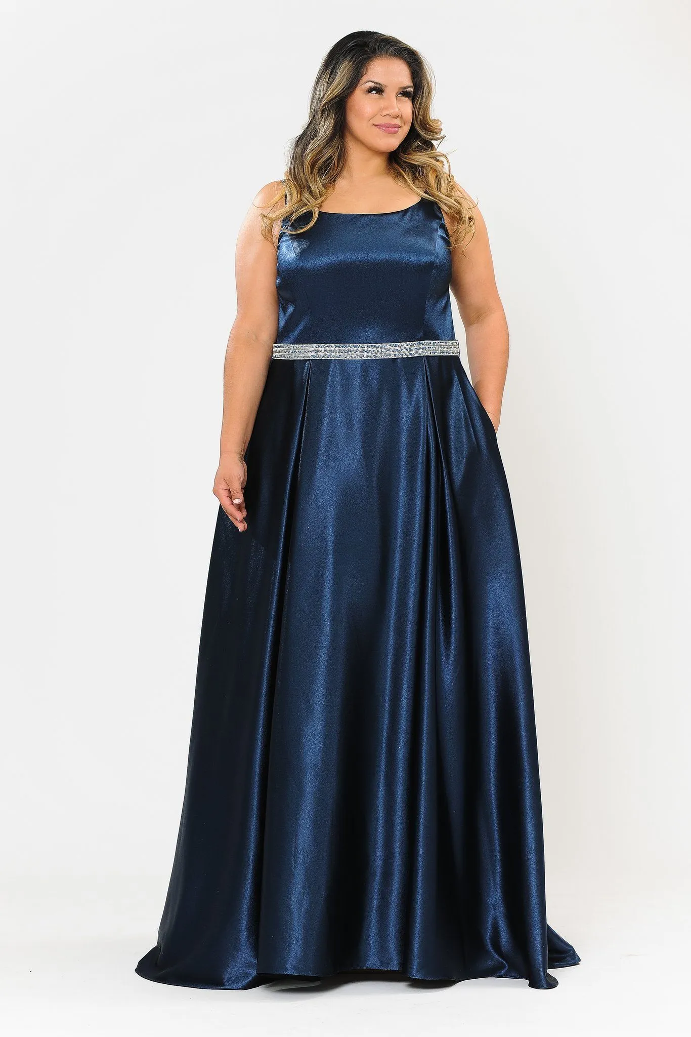 Plus Size Long Satin Dress with Beaded Waist by Poly USA W1010