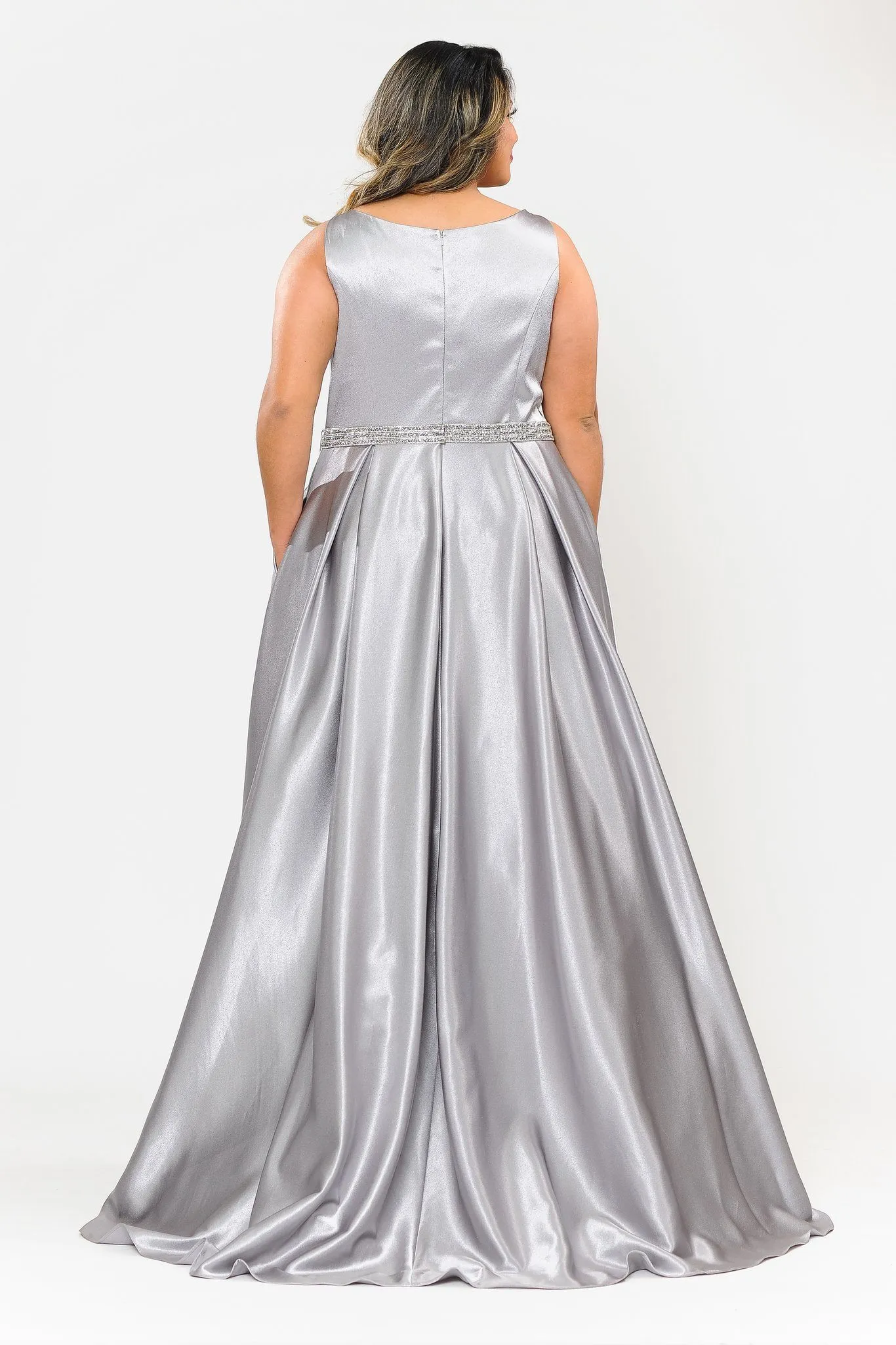 Plus Size Long Satin Dress with Beaded Waist by Poly USA W1010