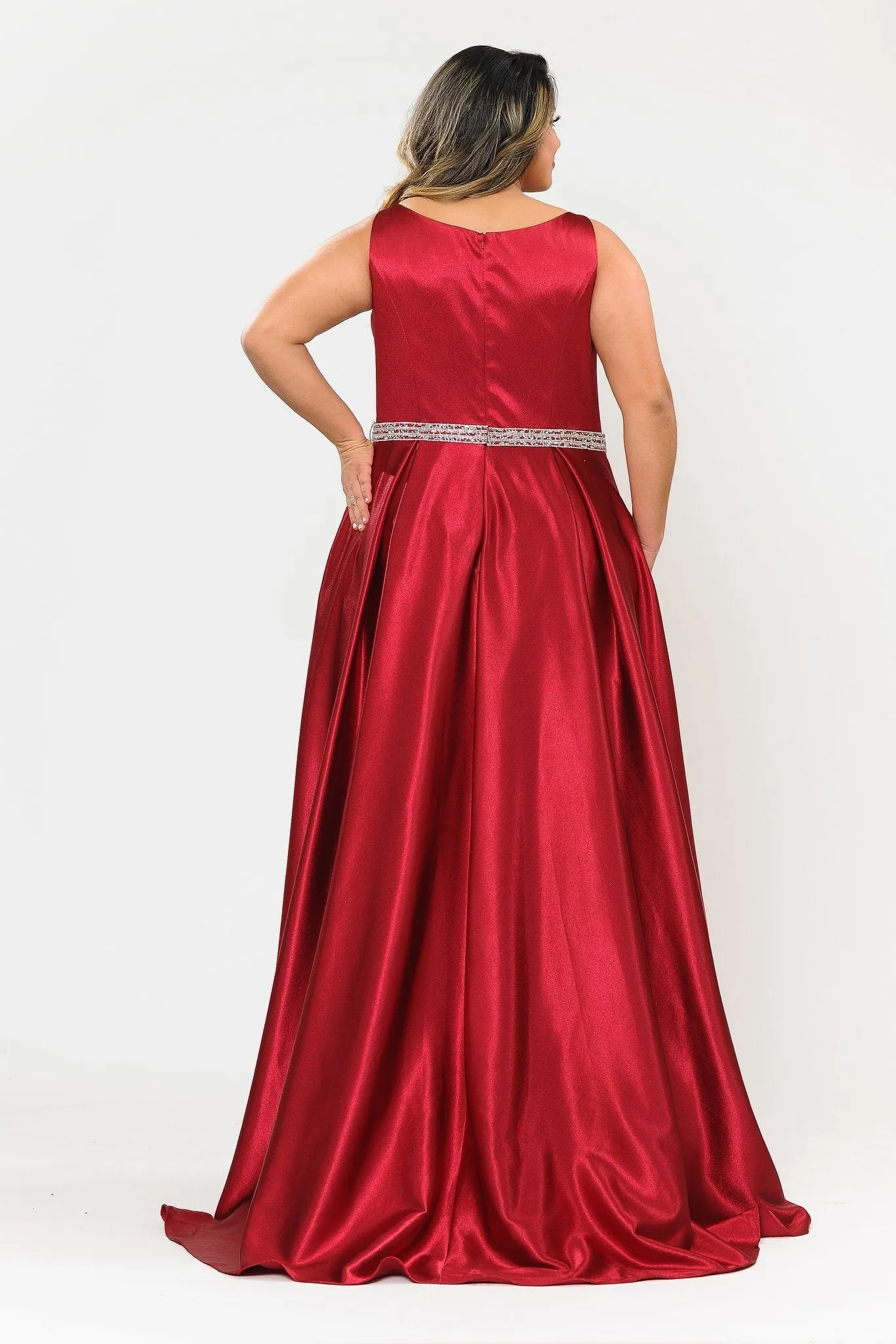 Plus Size Long Satin Dress with Beaded Waist by Poly USA W1010