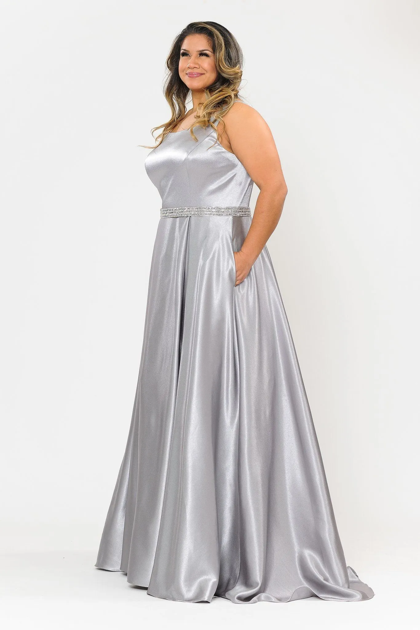Plus Size Long Satin Dress with Beaded Waist by Poly USA W1010