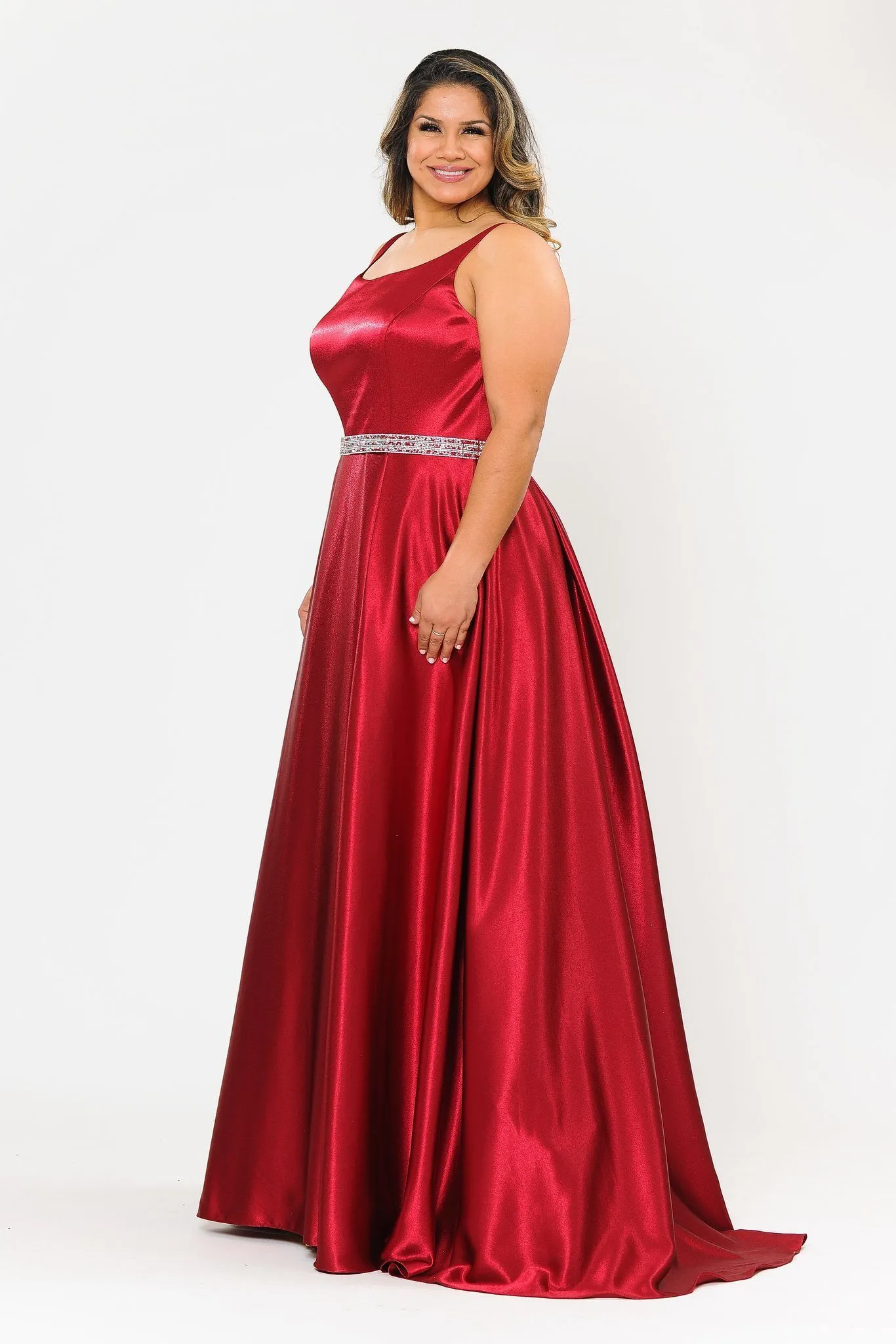 Plus Size Long Satin Dress with Beaded Waist by Poly USA W1010