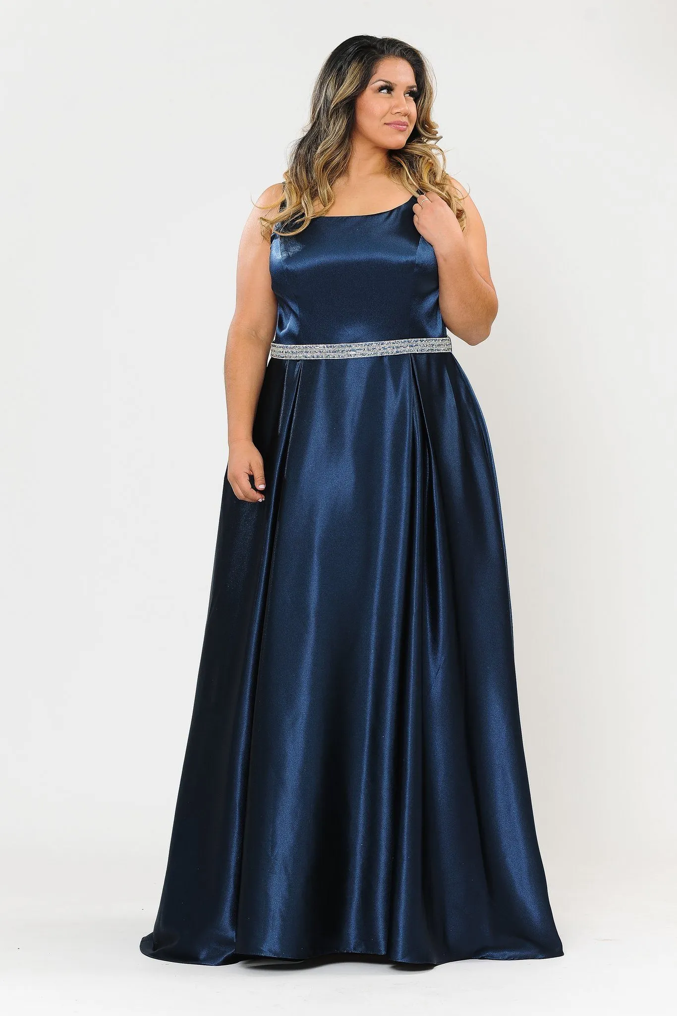 Plus Size Long Satin Dress with Beaded Waist by Poly USA W1010