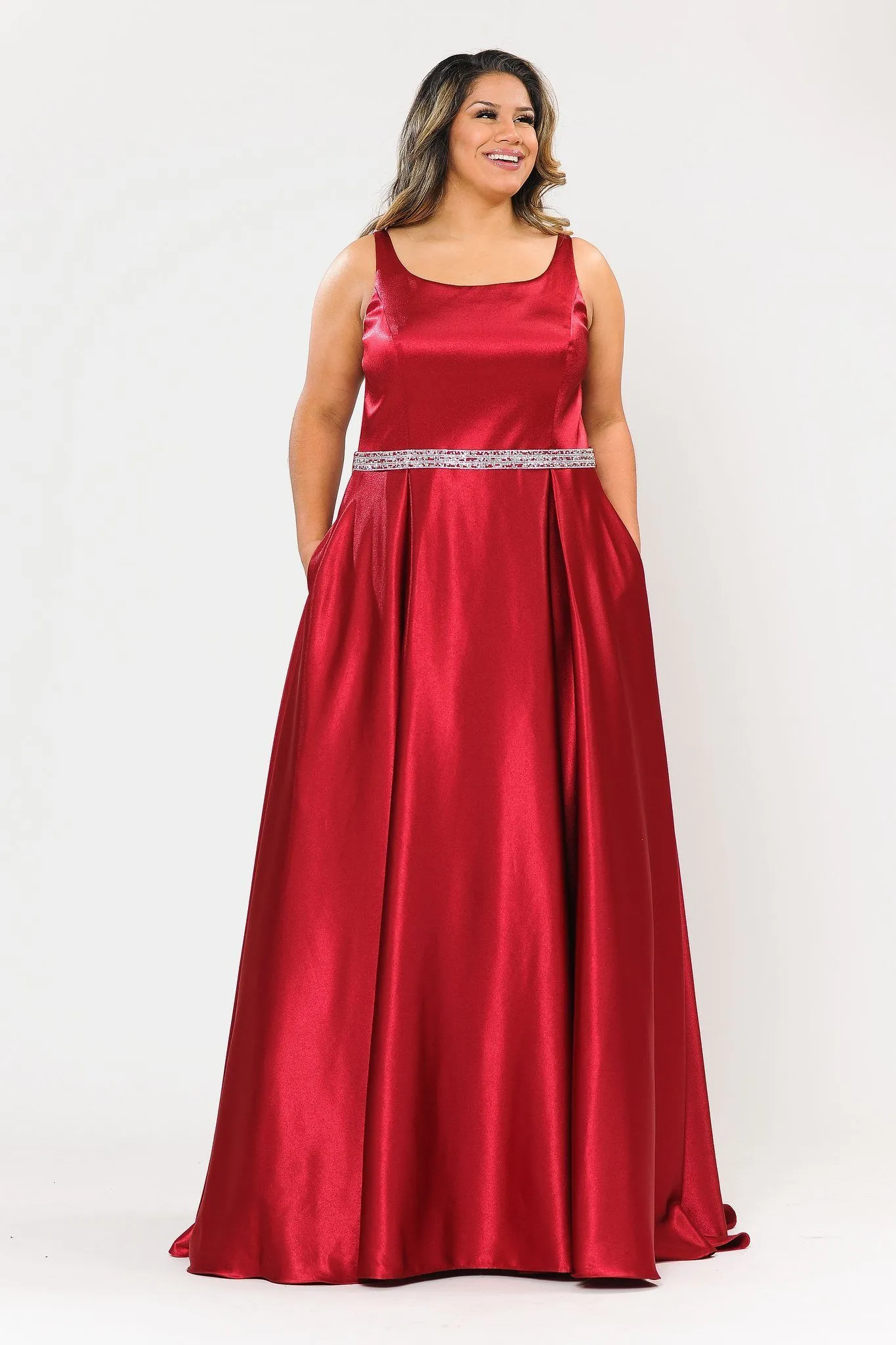 Plus Size Long Satin Dress with Beaded Waist by Poly USA W1010