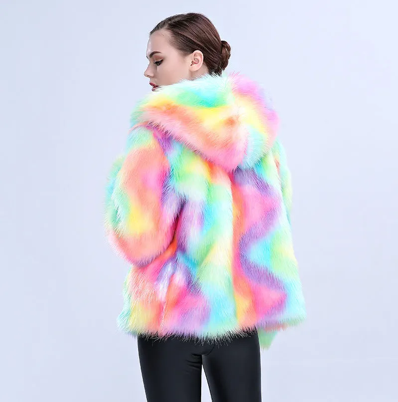 Rainbow Hooded Faux Fur Coat