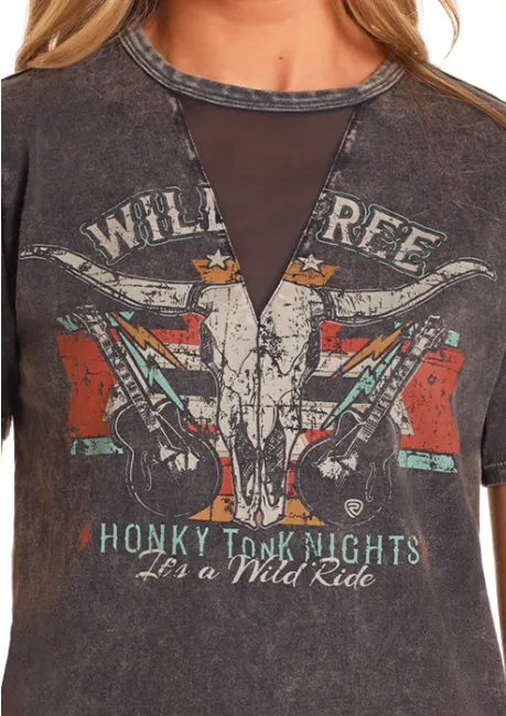 Rock & Roll Cowgirl Women's Black Mesh Cutout Wild & Free Tee BW21T04519