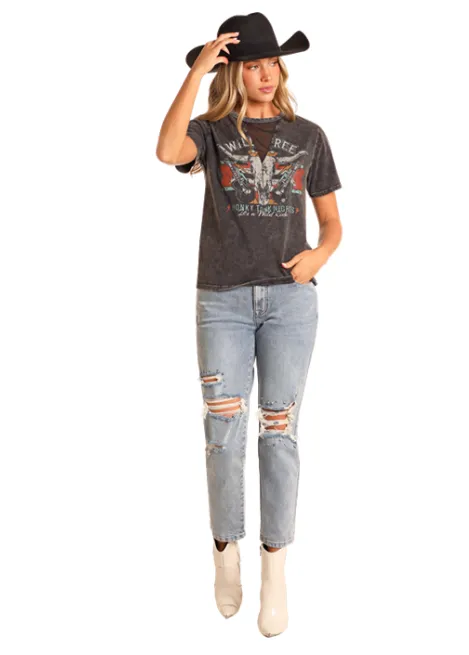Rock & Roll Cowgirl Women's Black Mesh Cutout Wild & Free Tee BW21T04519