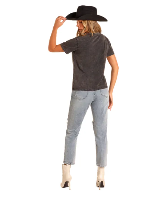 Rock & Roll Cowgirl Women's Black Mesh Cutout Wild & Free Tee BW21T04519