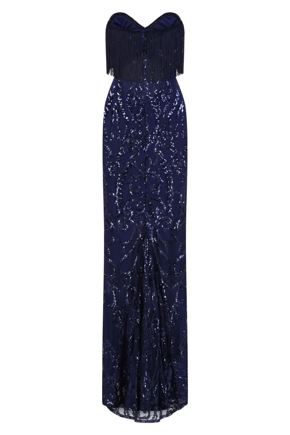 Runway Navy Luxe Sweetheart Tassel Fringe Sequin Fishtail Dress