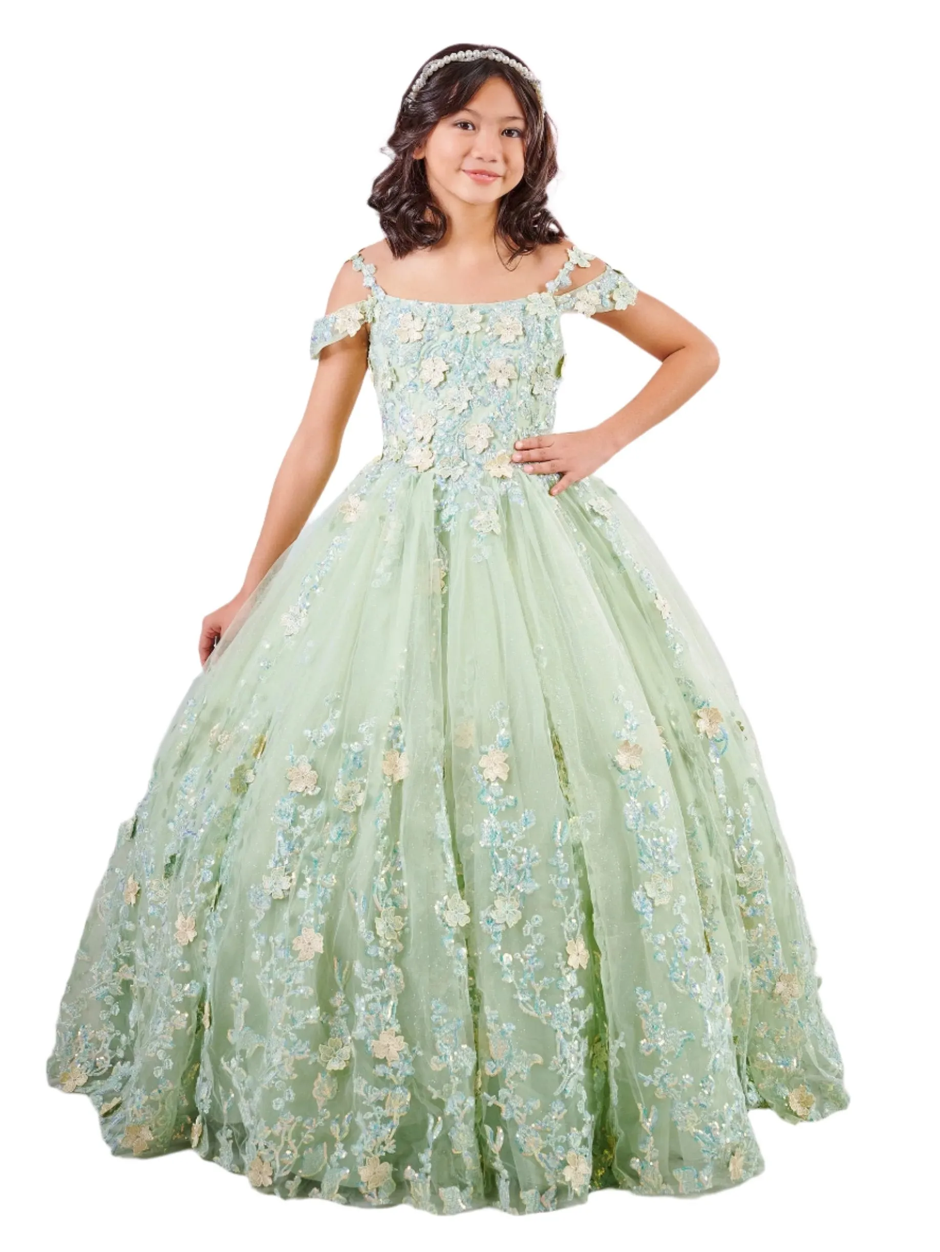 Tiffany 80002MQ Girls 3D Lace Shimmer Pageant Dress off the shoulder Mini Quince Gown