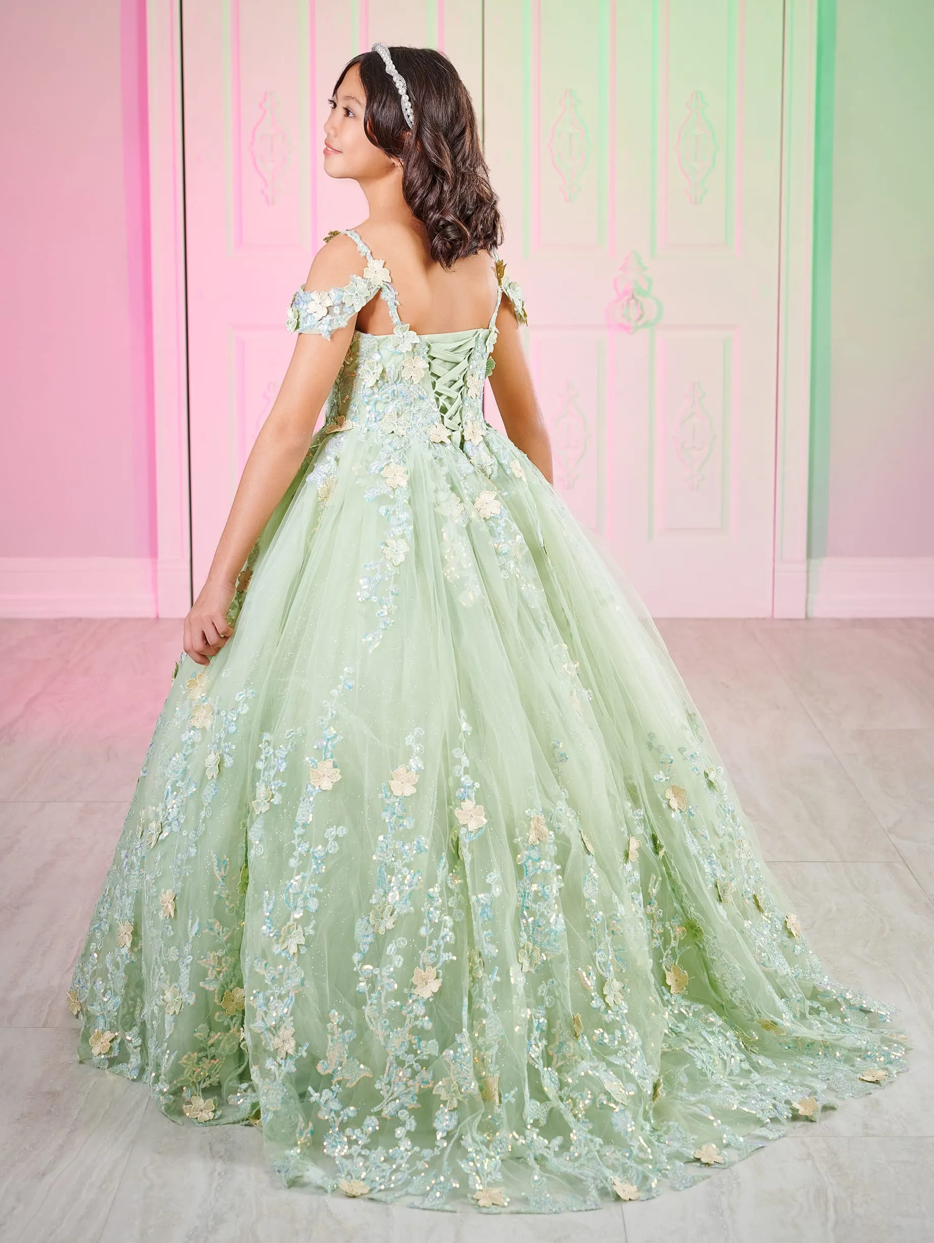 Tiffany 80002MQ Girls 3D Lace Shimmer Pageant Dress off the shoulder Mini Quince Gown