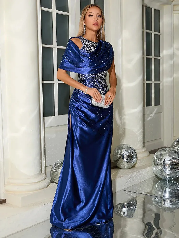 Trend4us Women's Elegant Draped Satin Beaded Evening Gown