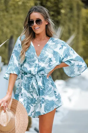 Tropical Floral Leaf Print Belted Romper