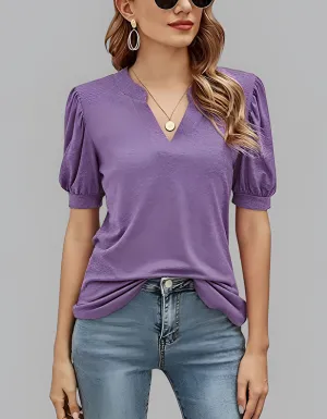 V Neck Solid-color Plain Puff Sleeve Loose T-Shirt