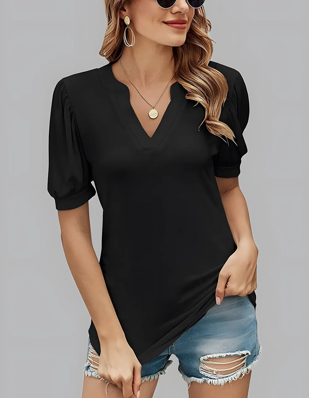 V Neck Solid-color Plain Puff Sleeve Loose T-Shirt