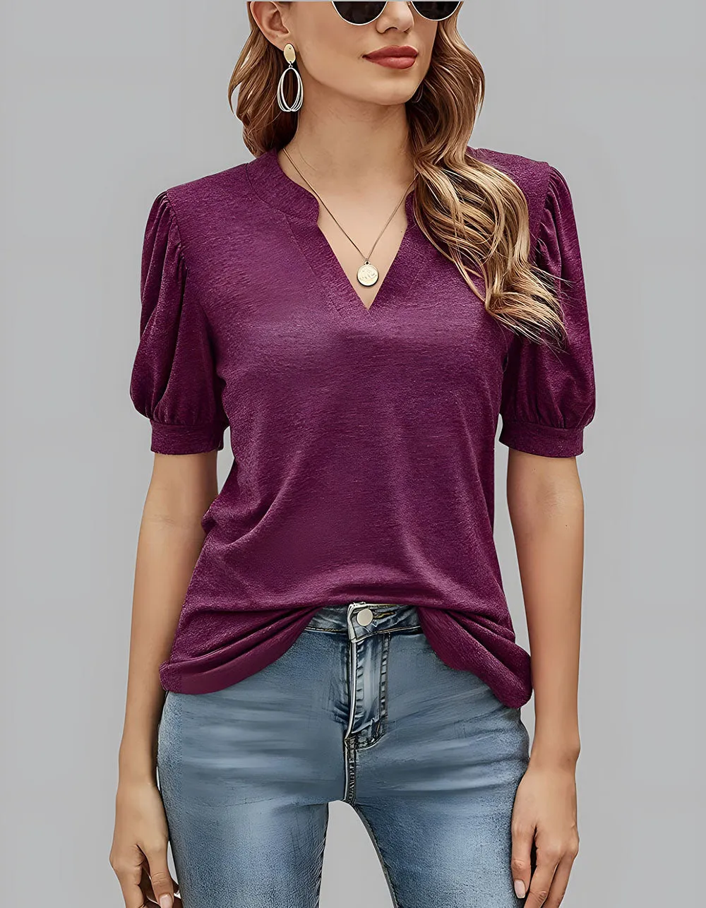 V Neck Solid-color Plain Puff Sleeve Loose T-Shirt
