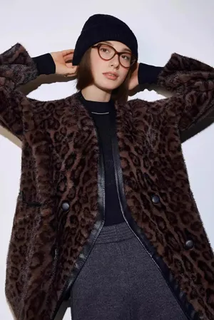 Vintage Leopard Print Collarless Mid-Length Faux Fur Coat