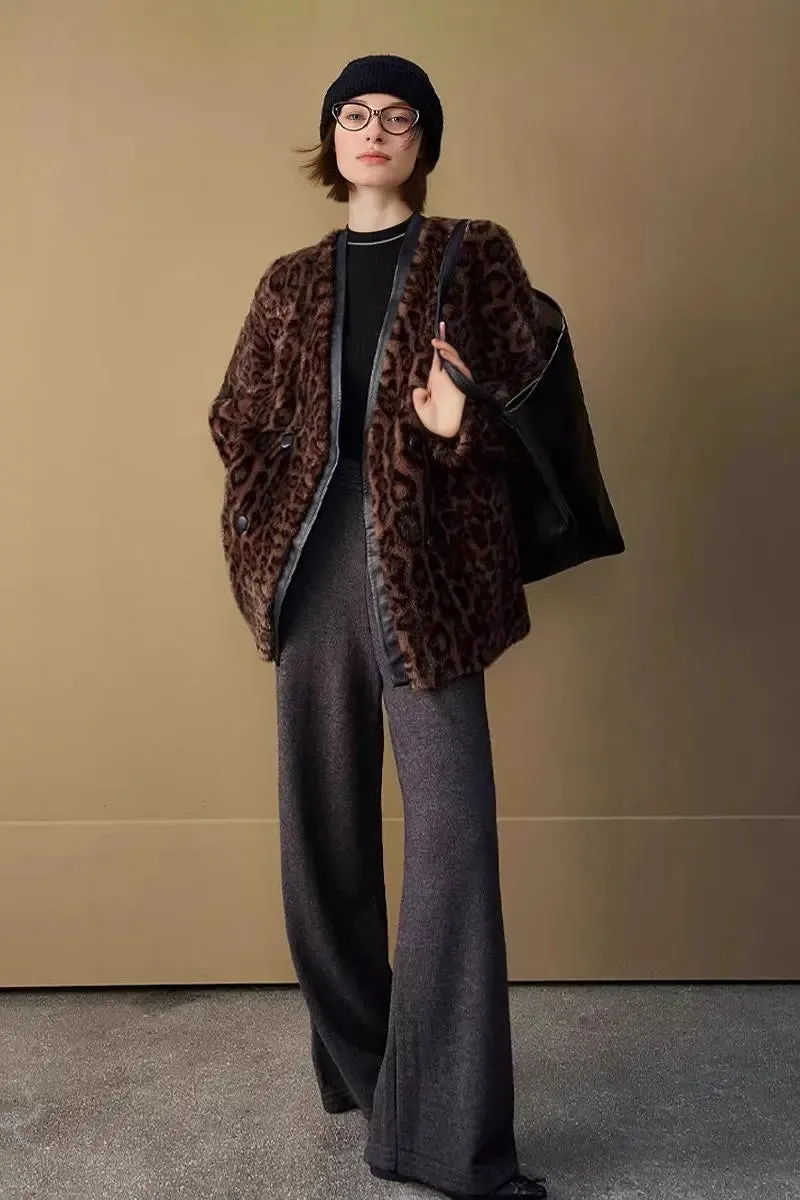 Vintage Leopard Print Collarless Mid-Length Faux Fur Coat