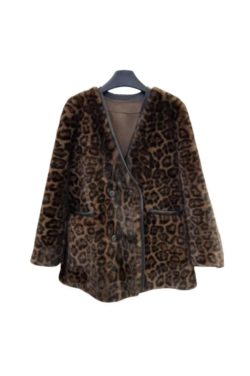 Vintage Leopard Print Collarless Mid-Length Faux Fur Coat