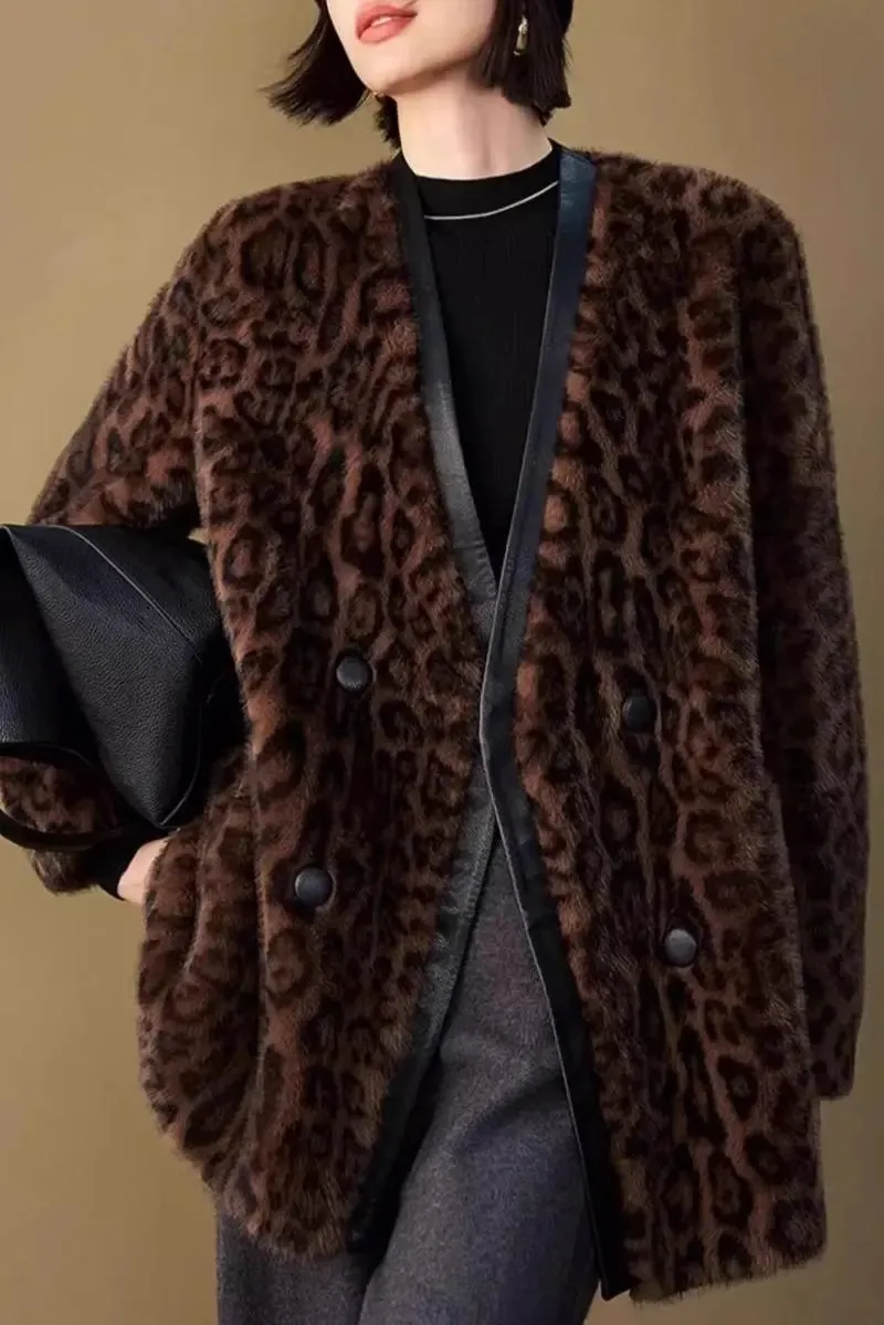 Vintage Leopard Print Collarless Mid-Length Faux Fur Coat