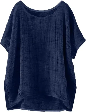 Womens Casual Cotton Linen Shirts Short Sleeve Beach Summer T-Shirts Loose Solid Crewneck Vacation Travel Blouse Tops
