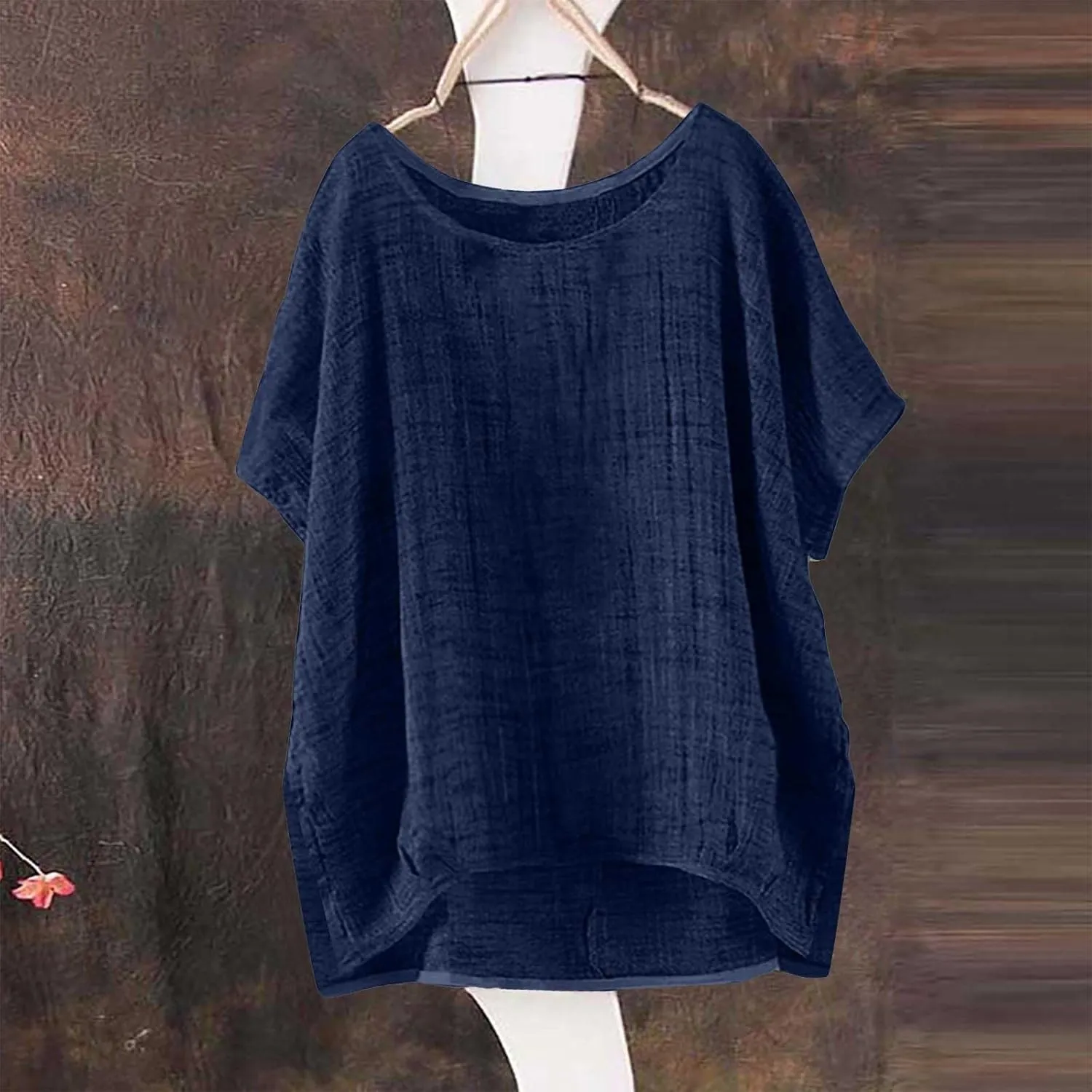 Womens Casual Cotton Linen Shirts Short Sleeve Beach Summer T-Shirts Loose Solid Crewneck Vacation Travel Blouse Tops