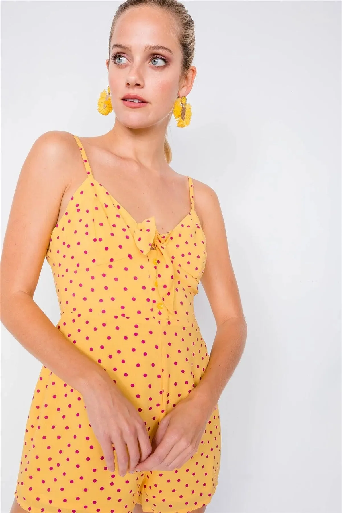 Yellow Purple Polkadot Vintage Center Bow Mini Romper